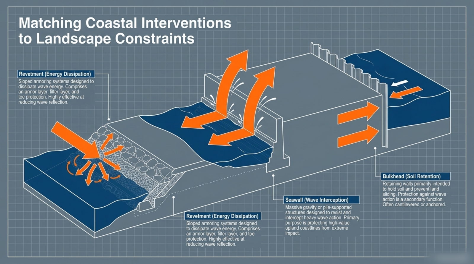 The core comparison: sloped revetment, vertical seawall, structural bulkhead