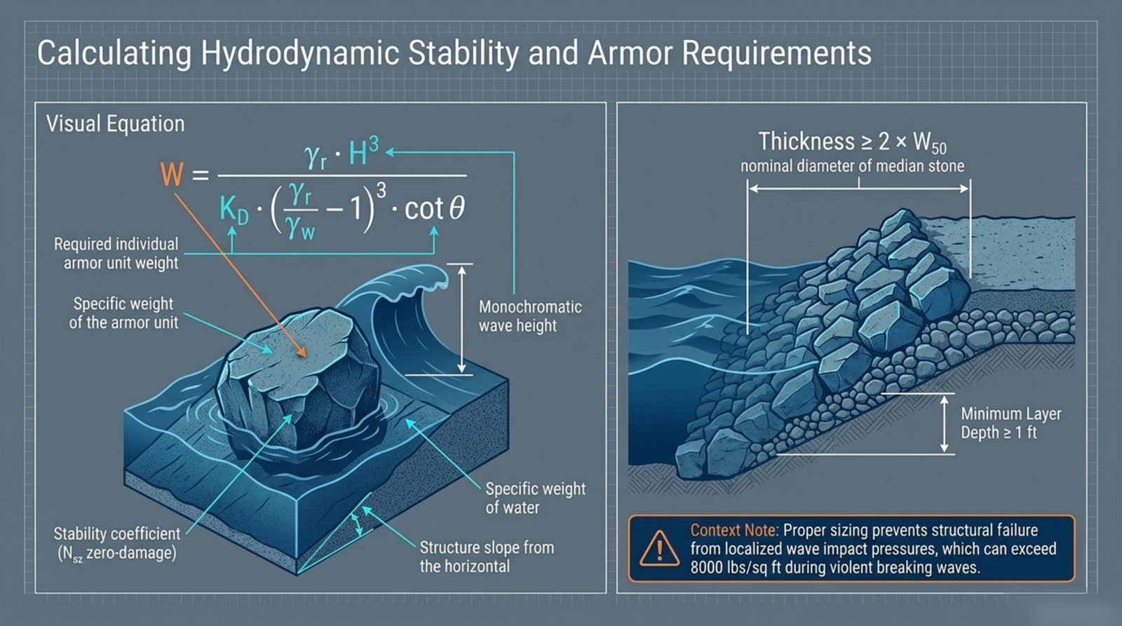 Hydrodynamic stability: sizing armour with the Hudson equation
