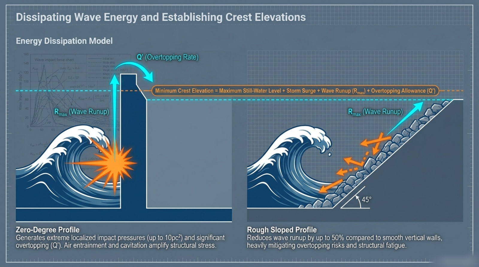 Crest elevation: still-water level + surge + run-up + overtopping allowance