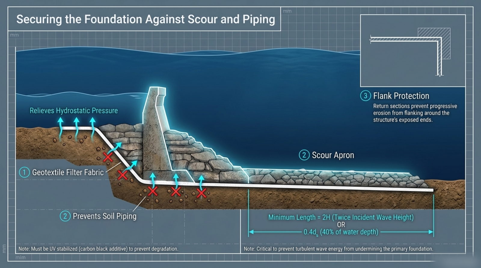 The foundation details: filter fabric, toe apron and flank protection